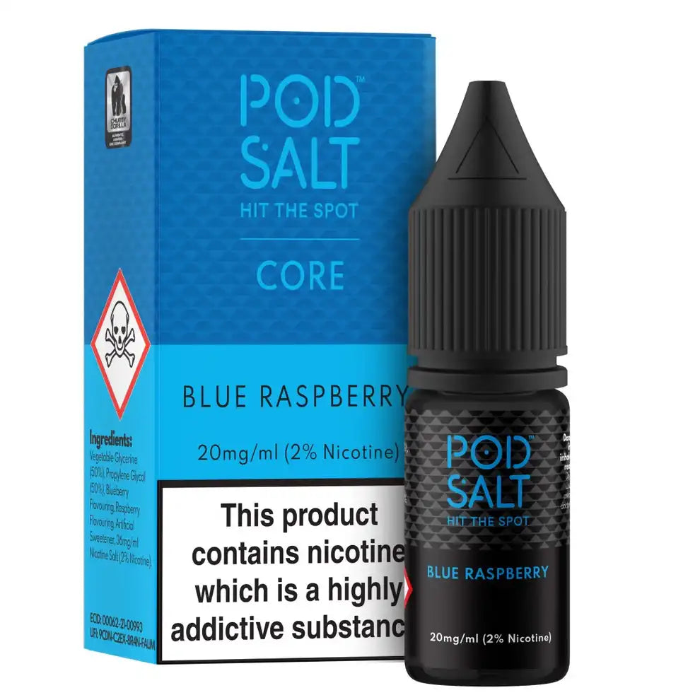 Pod Salt Blue Raspberry nicotine product with packaging on a white background