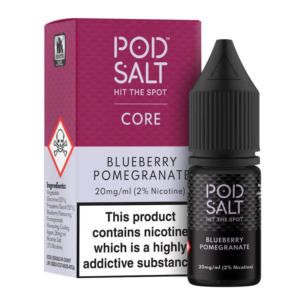 Pod Salt Blueberry Pomegranate e-liquid bottle and packaging on a white background