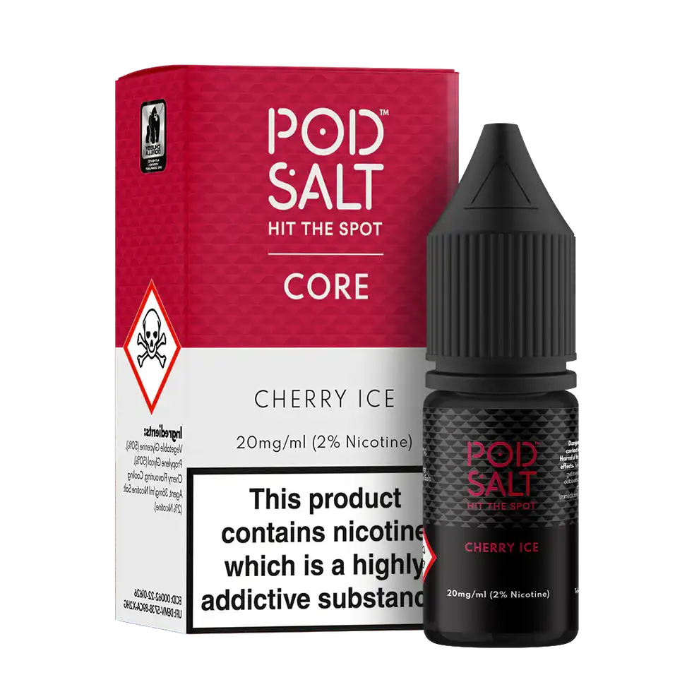 Pod Salt Cherry Ice nicotine product packaging and bottle on a white background