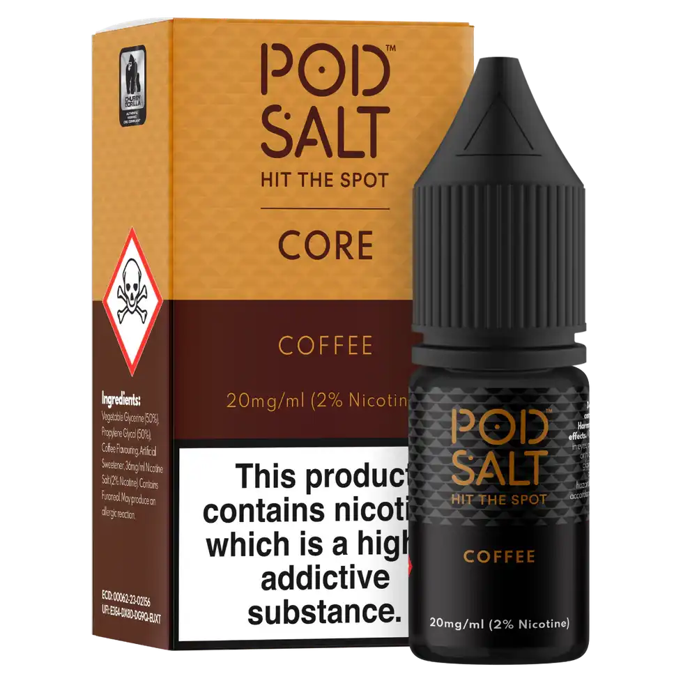 Pod Salt core coffee-flavored e-liquid bottle and packaging on a white background