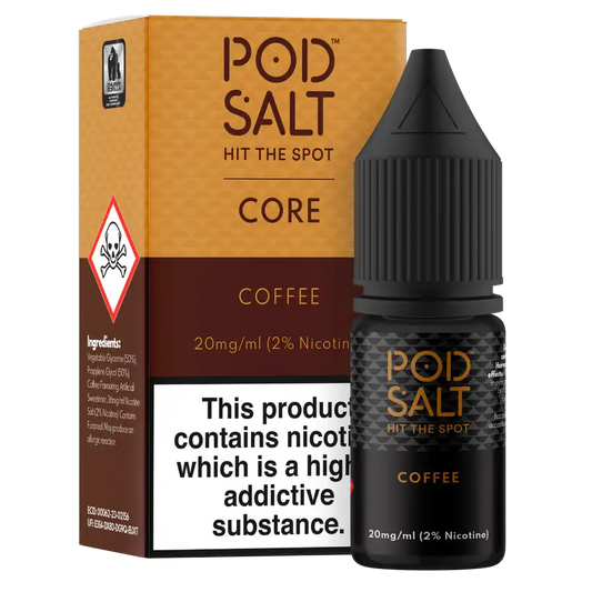 Pod Salt core coffee-flavored e-liquid bottle and packaging on a white background