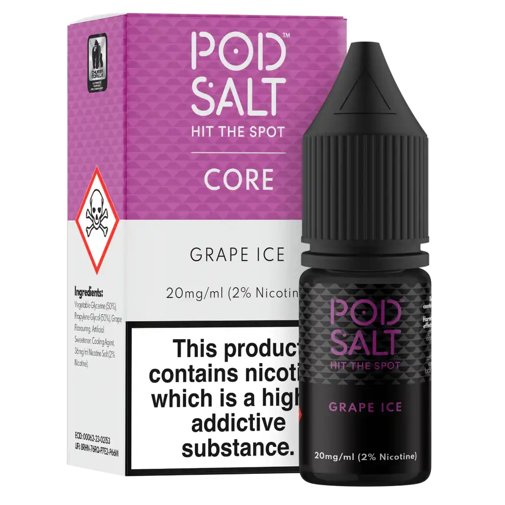 Pod Salt core Grape Ice e-liquid bottle and packaging on a white background