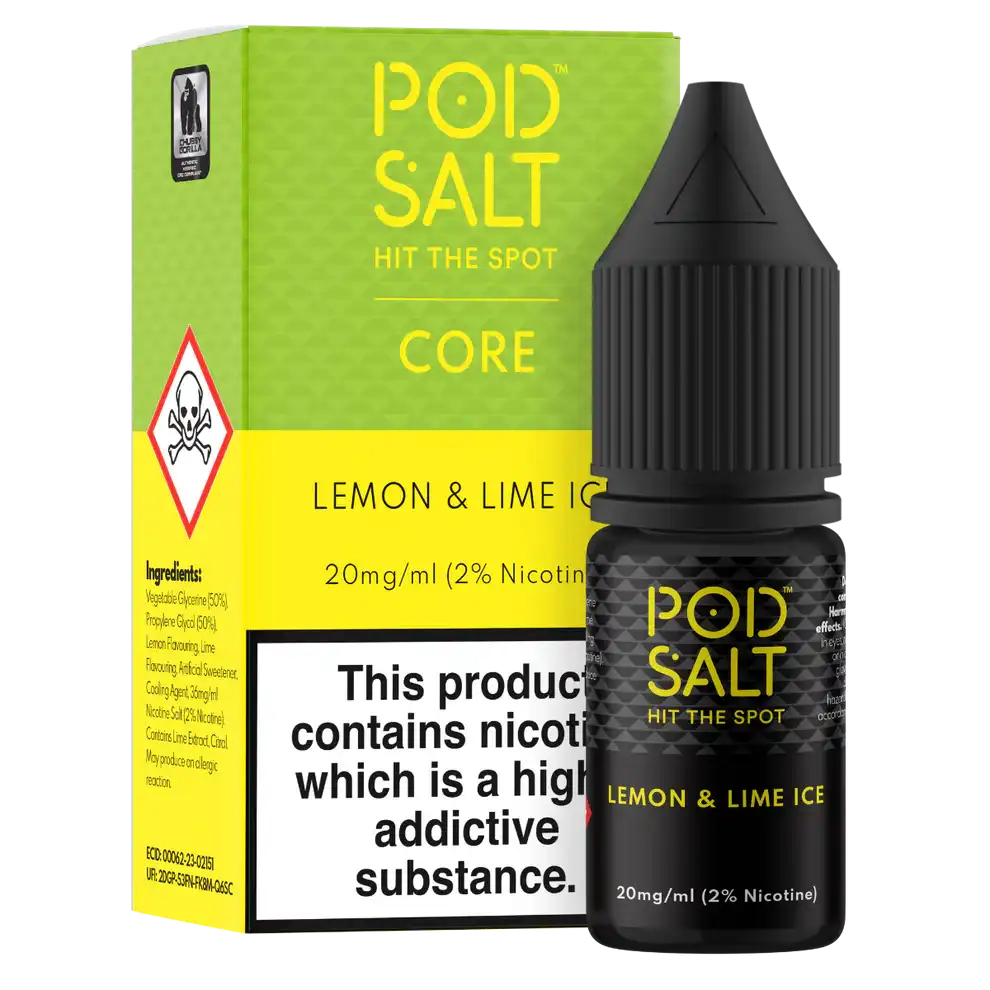 Pod Salt core lemon and lime ice vape juice bottle and packaging on a white background
