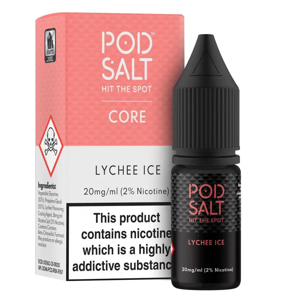 Pod Salt Lychee Ice e-liquid bottle and packaging on a white background