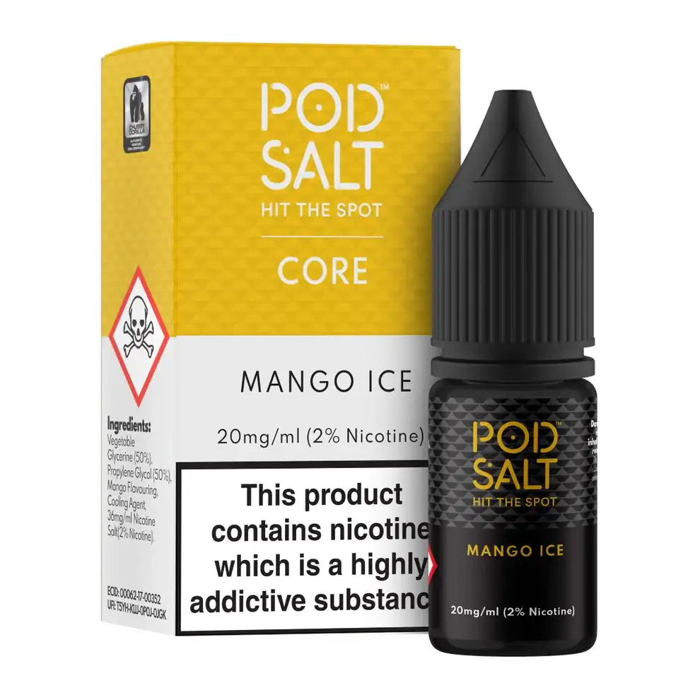 Pod Salt Mango Ice e-liquid bottle and packaging on a white background