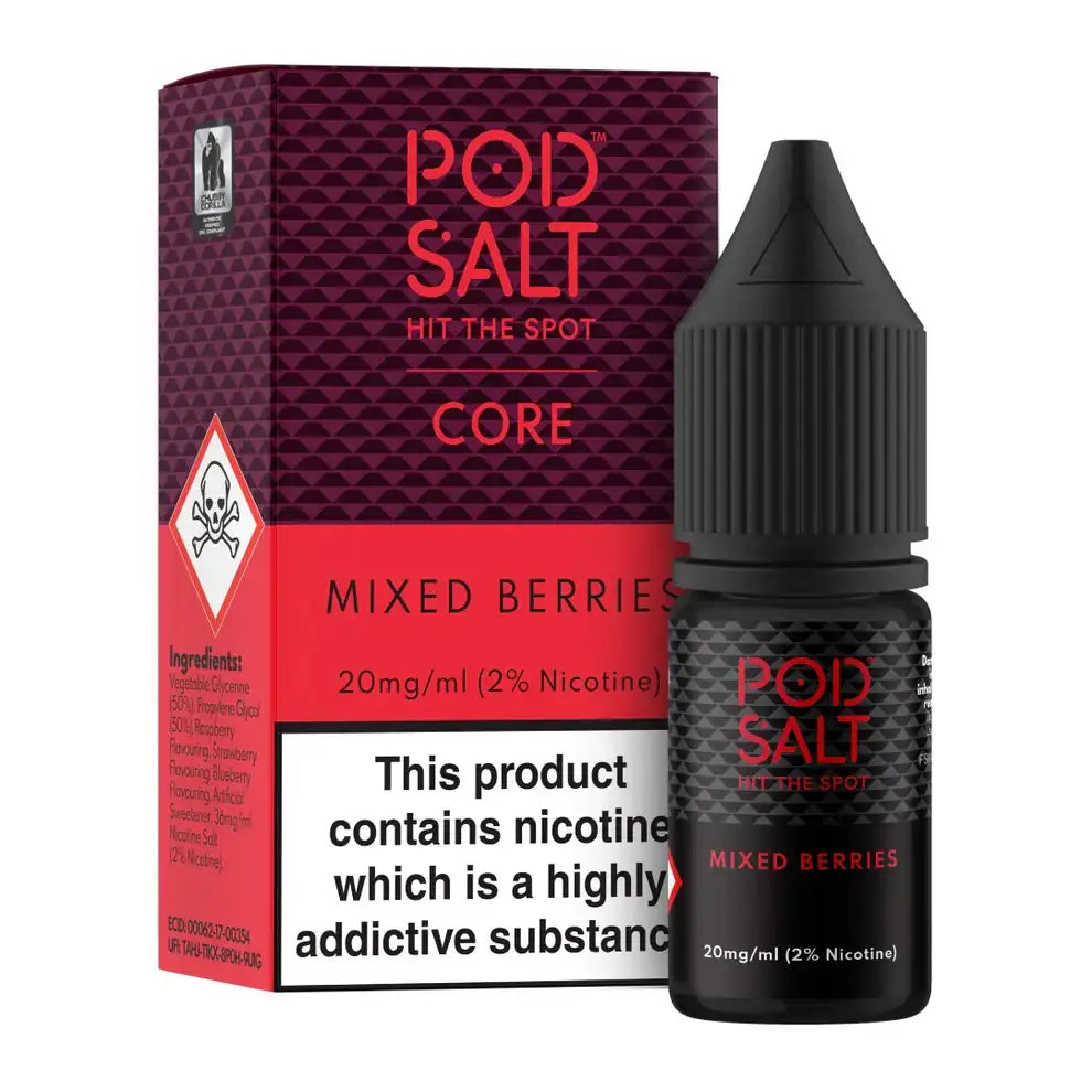 POD SALT Mixed Berries e-liquid bottle and packaging on a white background
