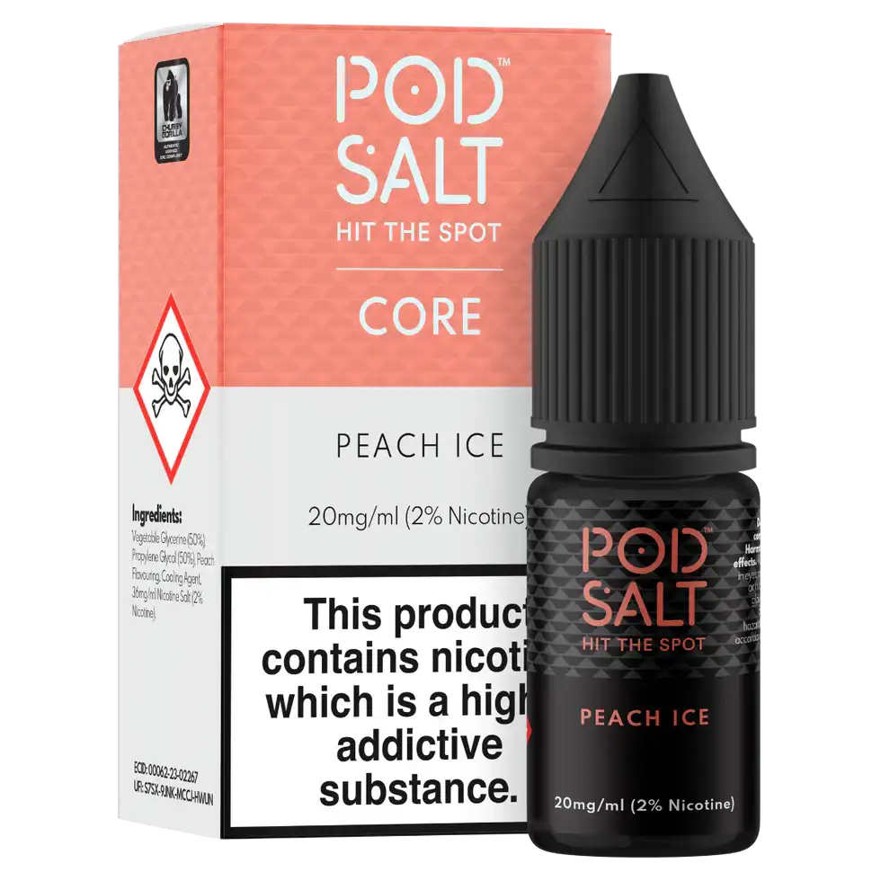 Pod Salt core Peach Ice e-liquid bottle and packaging on a white background