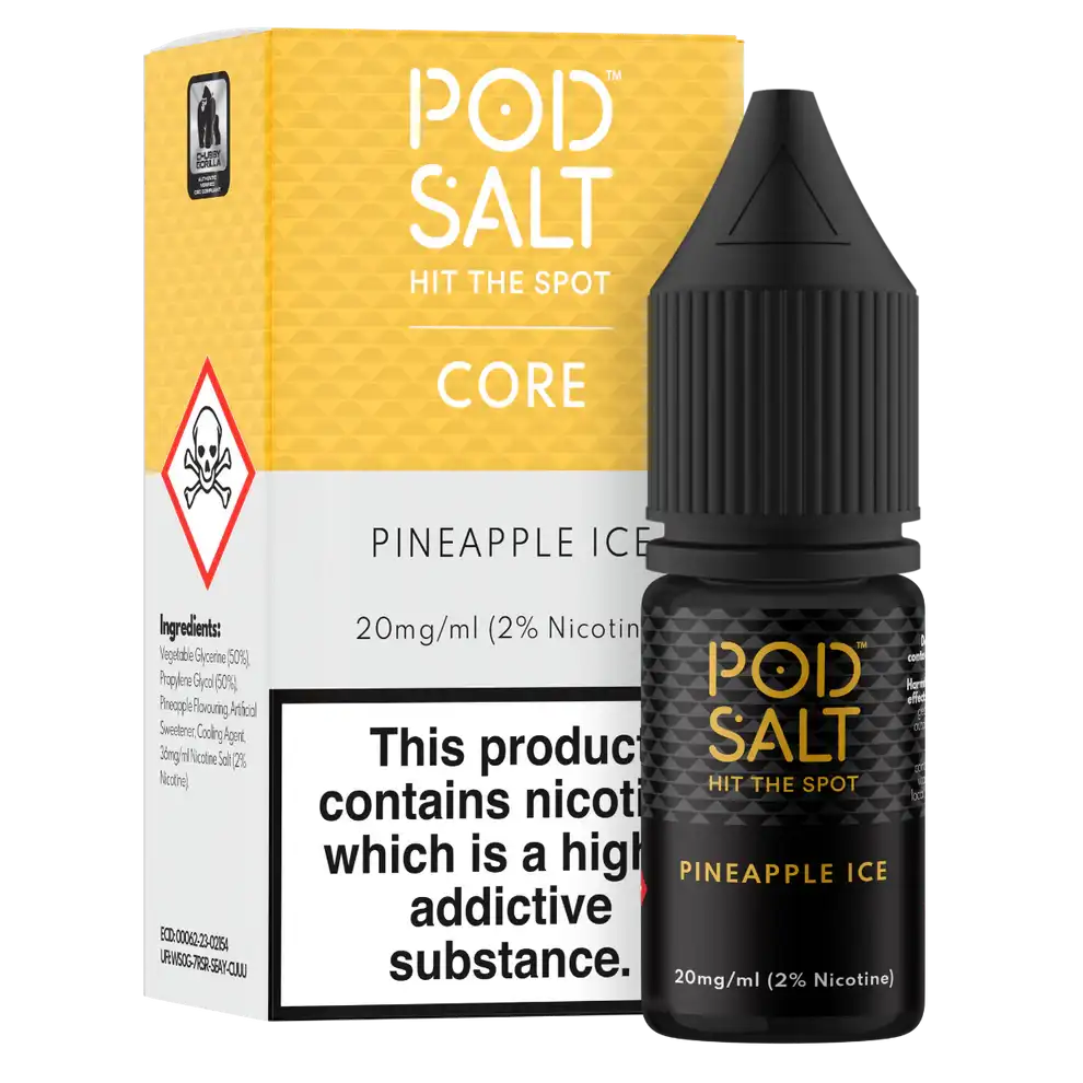 Pod Salt Pineapple Ice vape juice bottle and packaging on a white background