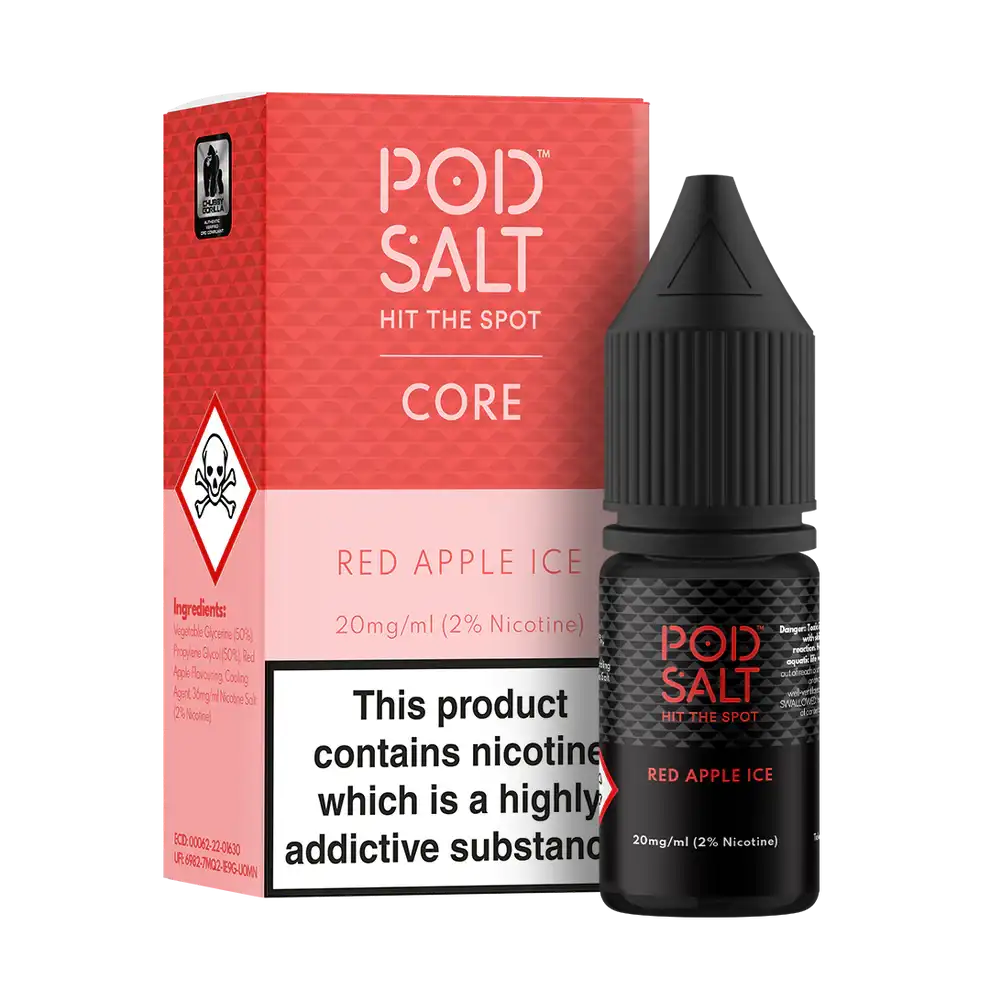 Pod Salt Red Apple Ice e-liquid bottle and packaging on a white background