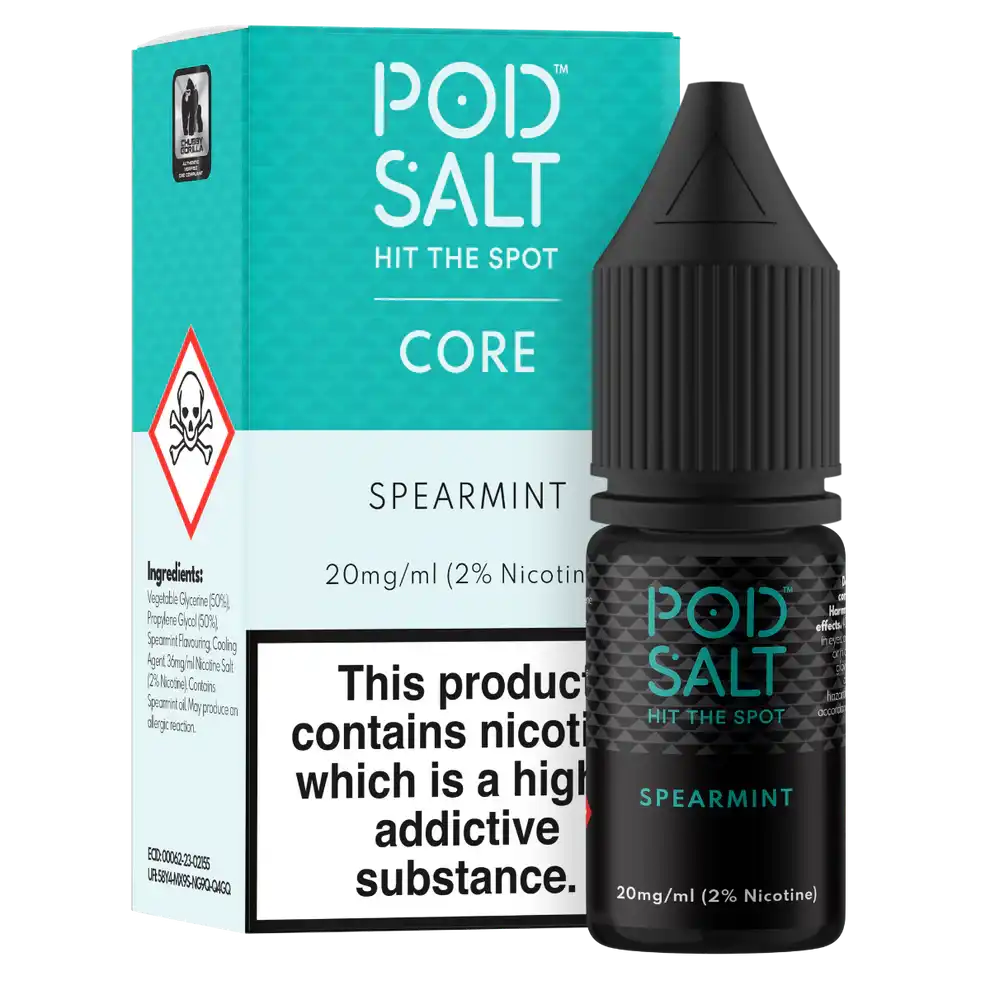 Pod Salt Spearmint e-liquid bottle and packaging on a white background