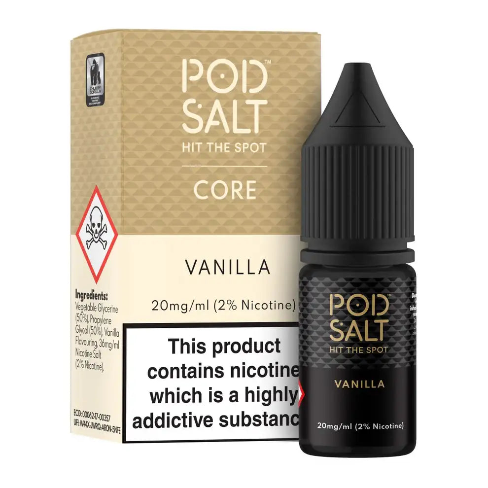 Pod Salt Vanilla e-liquid bottle and packaging on a white background