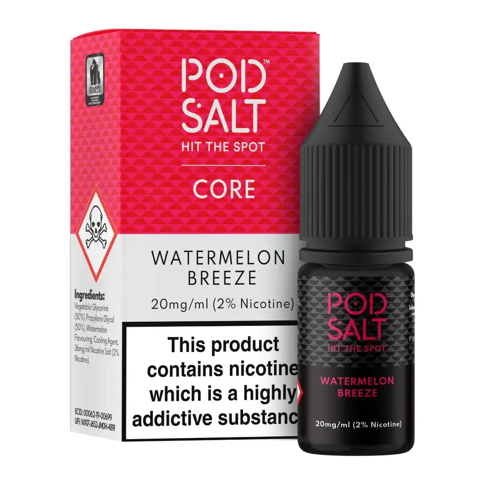 Pod Salt watermelon breeze e-liquid bottle and packaging on a white background