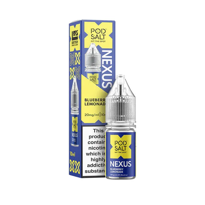 Pod Salt Nexus Blueberry Lemonade e-liquid bottle and packaging on a white background