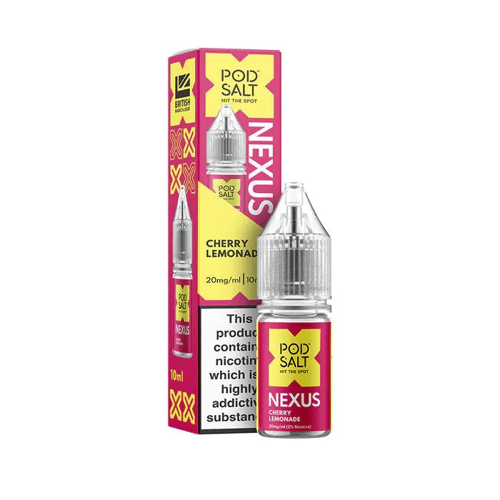 Pod Salt Nexus Cherry Lemonade e-liquid bottle and packaging on a white background