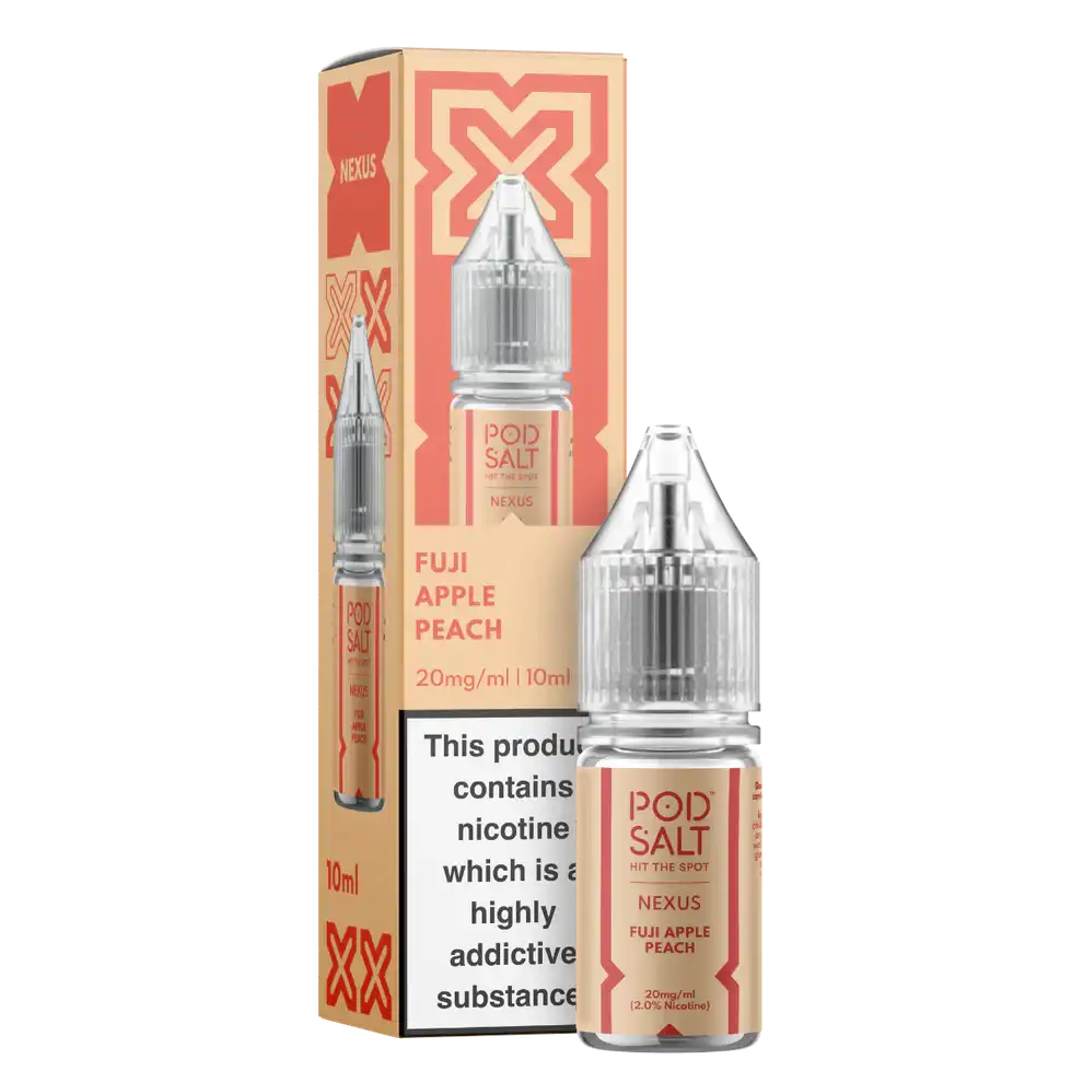 Pod Salt Nexus Fuji Apple Peach nicotine salt with their packaging on a white background.