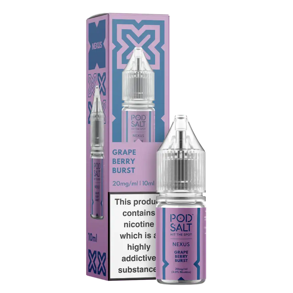 Pod Salt Nexus Grape Berry Burst nicotine salt with packaging on a white background