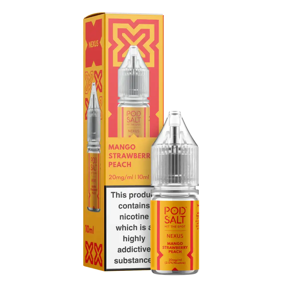 Nexus Pod Salt Mango Strawberry Peach nicotine salt bottle and packaging on a white background