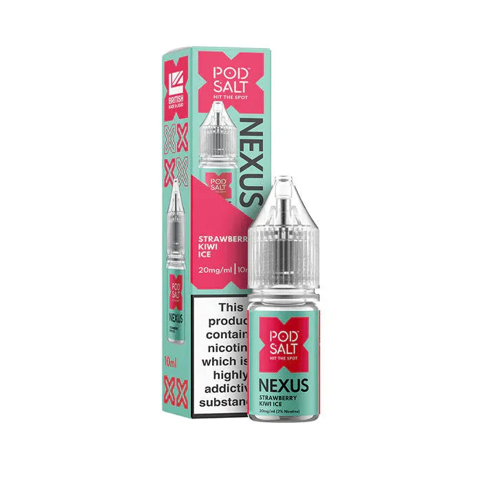 Pod Salt Nexus Strawberry Kiwi Ice e-liquid bottle and packaging on a white background