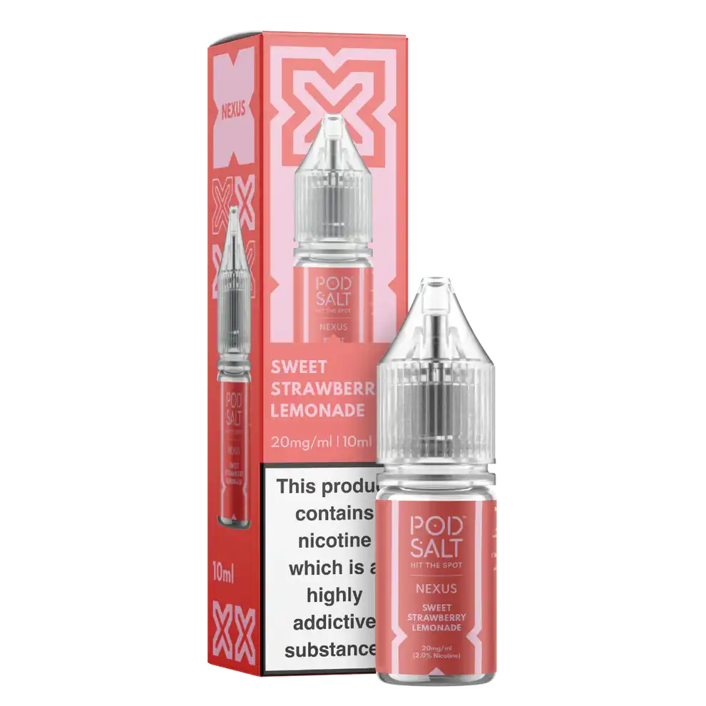 Pod Salt Nexus Sweet Strawberry Lemonade nicotine salt bottle and packaging on a white background