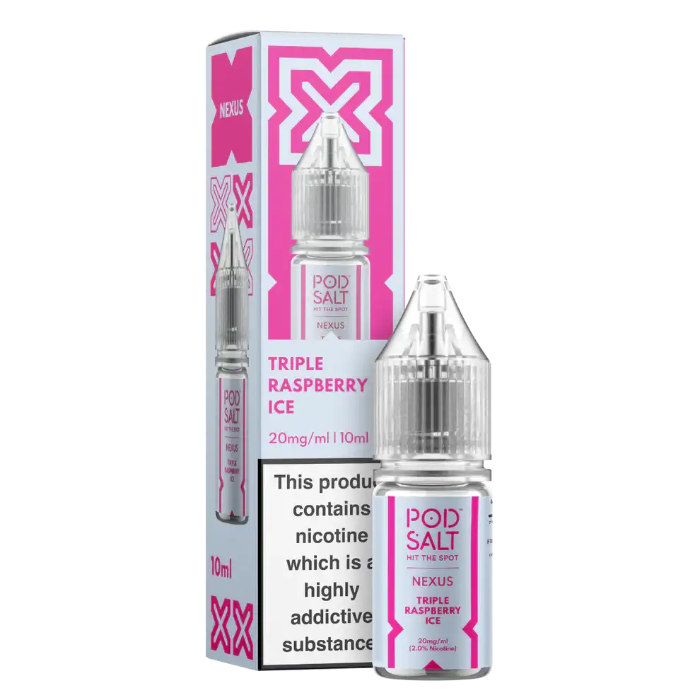 Pod Salt Nexus Triple Raspberry Ice e-liquid bottle and packaging on a white background