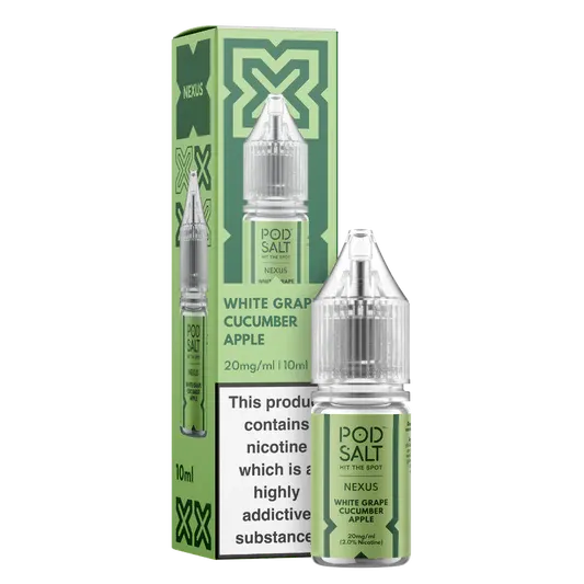 Pod Salt Nexus white grape cucumber e-liquid bottle and packaging on a white background