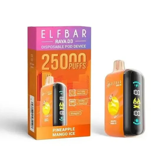 ELFBAR RAYA D3 disposable pod device in Pineapple Mango Ice flavor, shown next to its orange and pink packaging box on a white background.