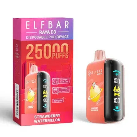ELF BAR RAYA D3 disposable pod device in strawberry watermelon flavor, shown next to its retail packaging box on a white background.