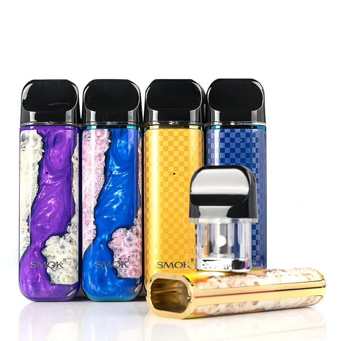 Five colorful SMOK novo 2 vape devices on a white background