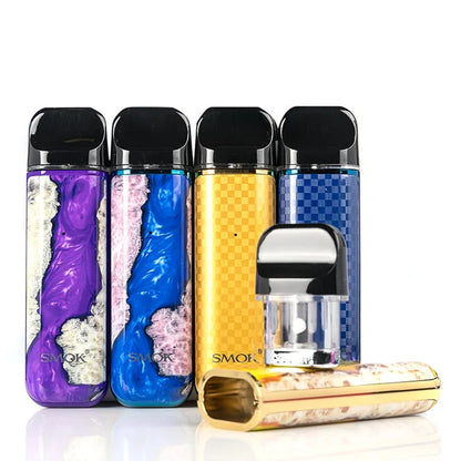 Five colorful SMOK novo 2 vape devices on a white background