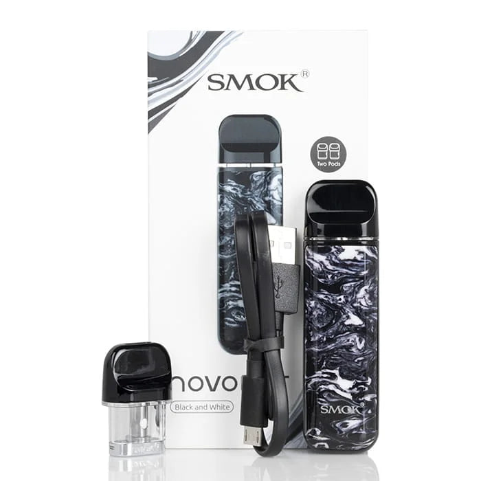 Smok novo 2 vape device and packaging with marbled design on a white background
