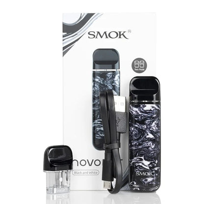 Smok novo 2 vape device and packaging with marbled design on a white background