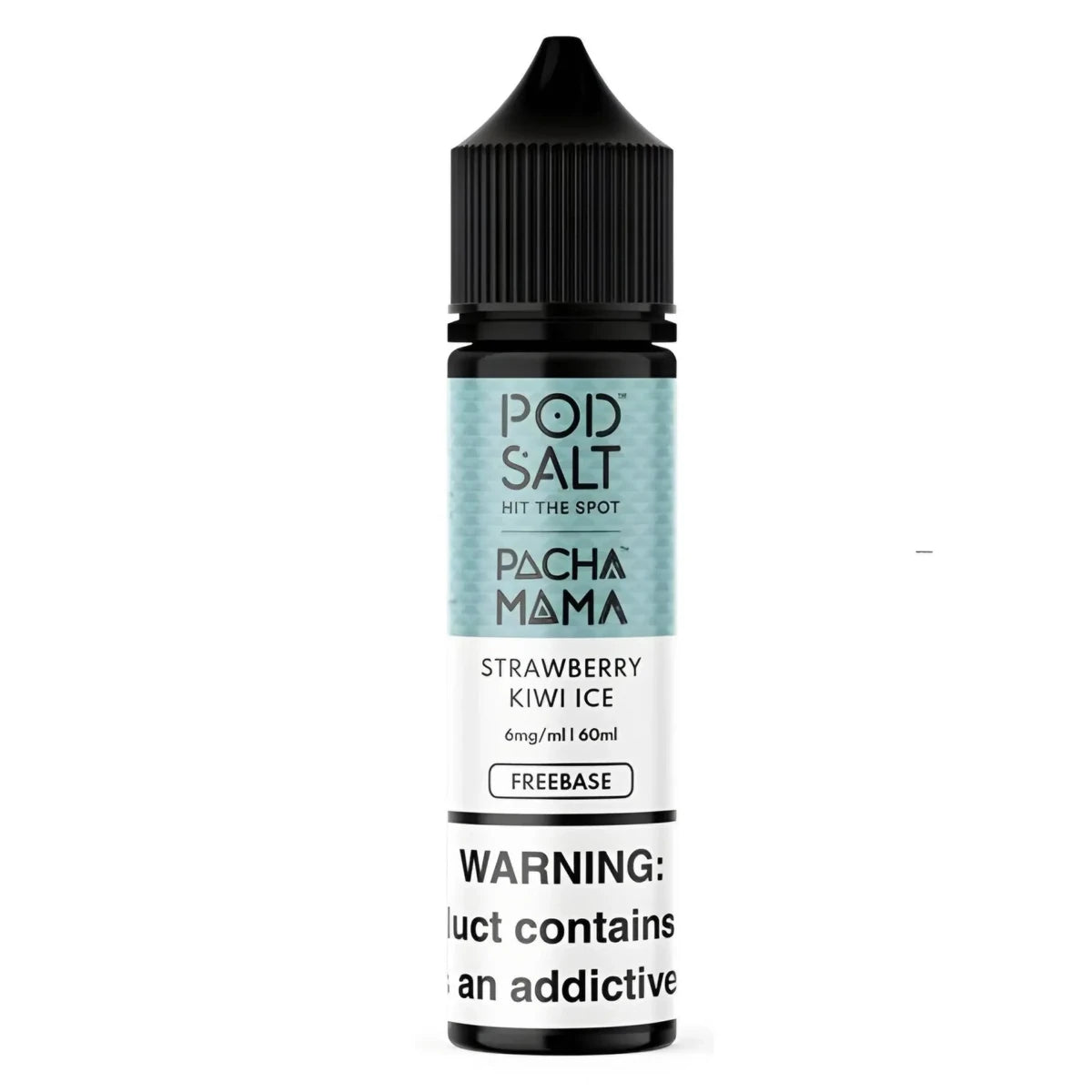 A 60ml bottle of POD SALT e-liquid by Pacha Mama, flavor Strawberry Kiwi Ice. The bottle has a black cap and base, with a label featuring a light blue-green textured top section and a white bottom section with black text warning labels.