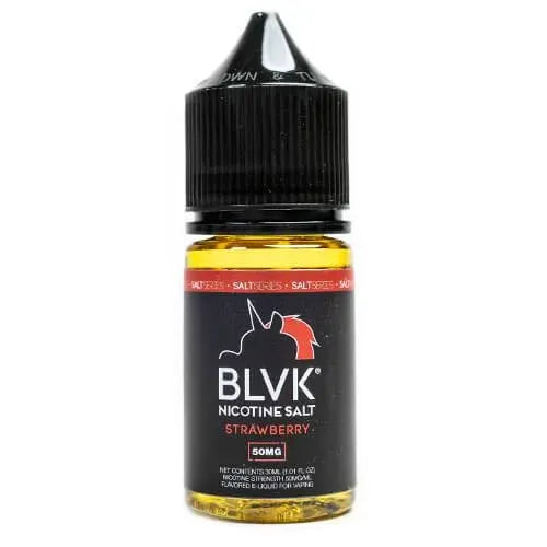 A 30 ml bottle of BLVK Nicotine Salt in Strawberry flavor, 50mg strength, featuring a black cap and a black label with red and white text and graphics.