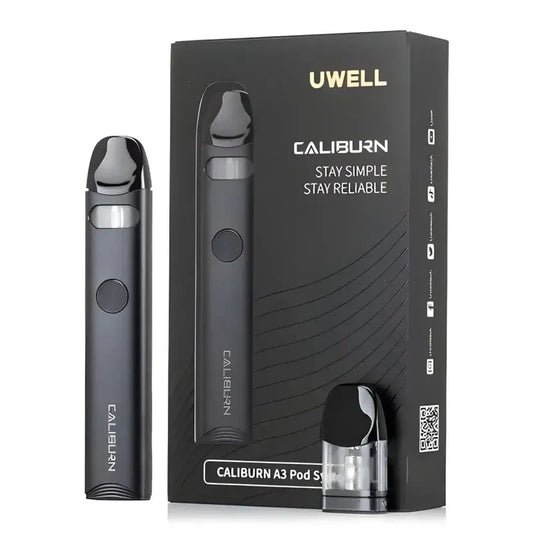 Uwell Caliburn A3 Pod device and packaging on a white background