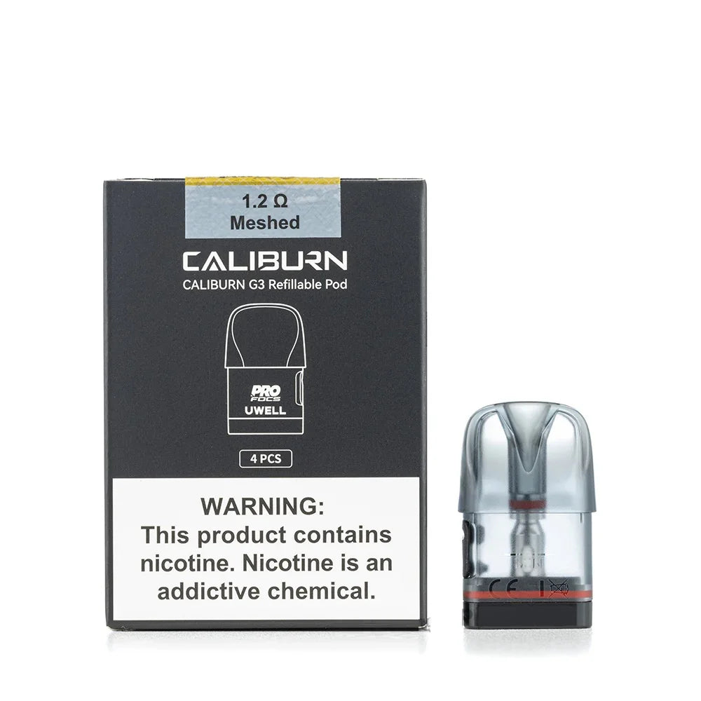 Caliburn G3 refillable pod packaging with nicotine warning label on a white background