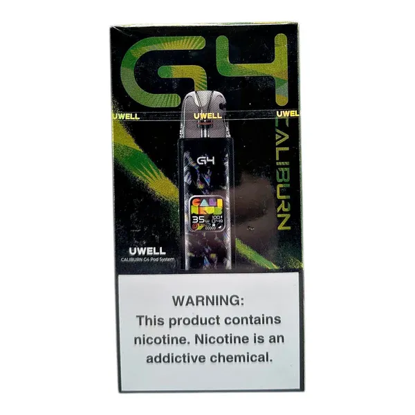 Uwell caliburn G4 vape pod packaging with nicotine warning label on a white background