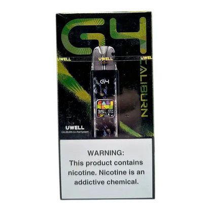 Uwell caliburn G4 vape pod packaging with nicotine warning label on a white background