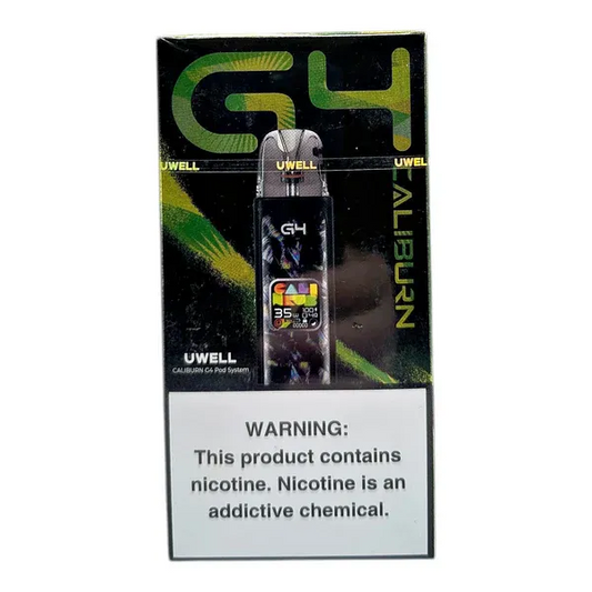 Uwell caliburn G4 vape pod packaging with nicotine warning label on a white background