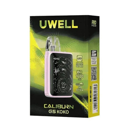 Uwell Caliburn G5 Koko packaging box, featuring a pink and black vape device graphic on a black and neon yellow background.
