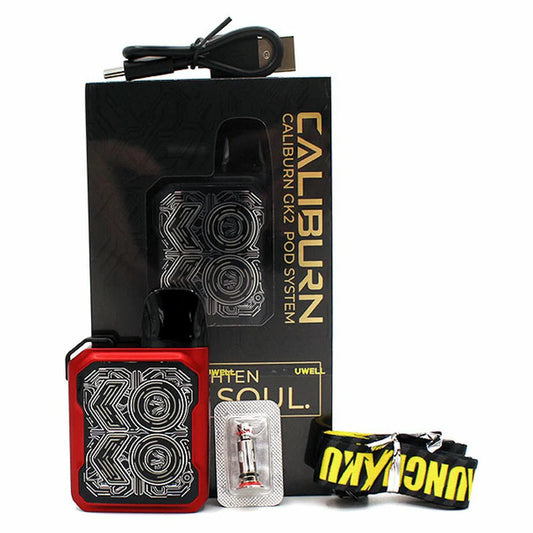 Caliburn GK2 Pod System vape kit by Uwell, featuring a red and black pod device, its black retail box with gold lettering, a clear case containing a replacement coil, all on a white background.