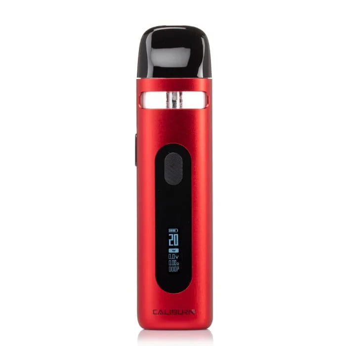 Red caliburn X pod device with digital display on a white background