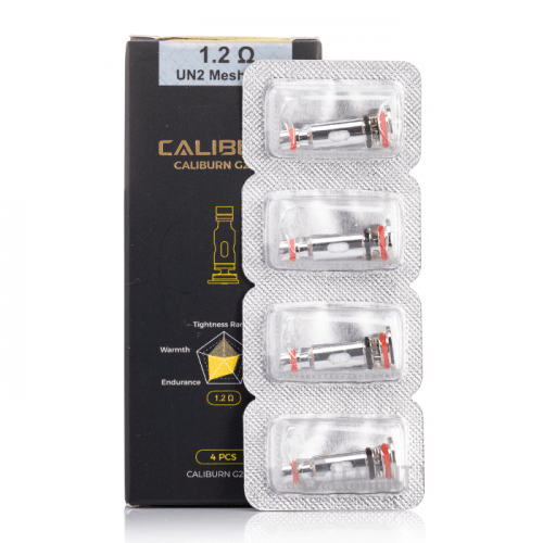 Caliburn g2 vape coils packaging with four cartridges on a white background