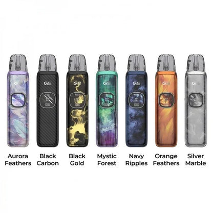 Seven G5 vape devices shown side by side on a white background, each with a different color or pattern finish labeled below: Aurora Feathers, Black Carbon, Black Gold, Mystic Forest, Navy Ripples, Orange Feathers, and Silver Marble.