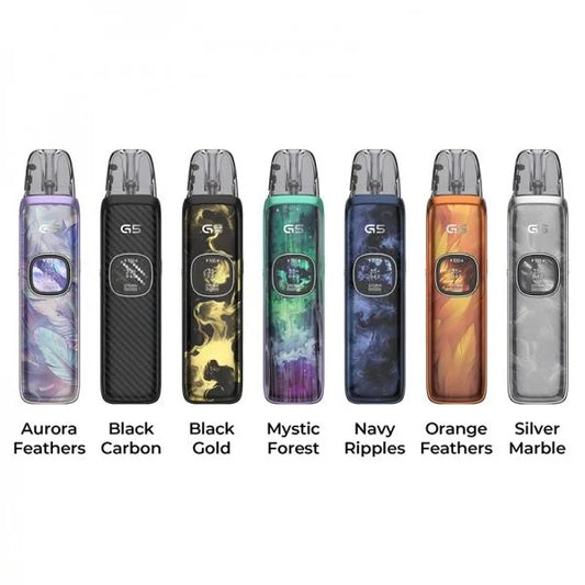 Seven G5 vape devices shown side by side on a white background, each with a different color or pattern finish labeled below: Aurora Feathers, Black Carbon, Black Gold, Mystic Forest, Navy Ripples, Orange Feathers, and Silver Marble.