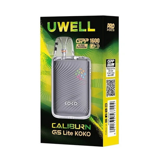 Uwell Caliburn G5 Lite Koko vape device in its original retail packaging, featuring a gray textured body with a colorful logo and a clear mouthpiece, set against a black and green background with yellow accents.