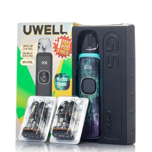 Uwell G5 vape kit set including a black G5 pod device with turquoise trim, a black G5 box mod, two pod cartridges in blister packaging, and the retail box behind them on a white background.