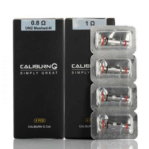 Caliburn G vaping coils packaging with black boxes and silver coils on a white background