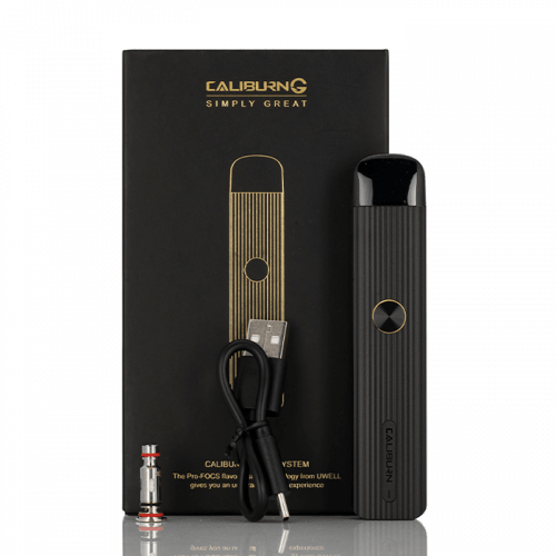 Caliburn G pod vaping device with packaging on a white textured background