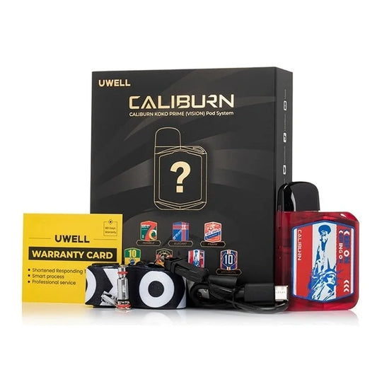 Uwell Caliburn KOKO prime vision vaping device and packaging on a white background