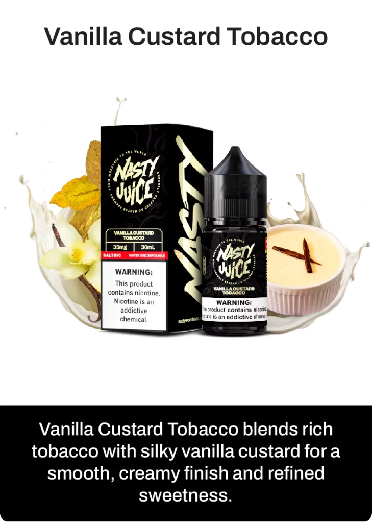 Nasty juice smooth vanilla custard vape flavour, with flavour description on below